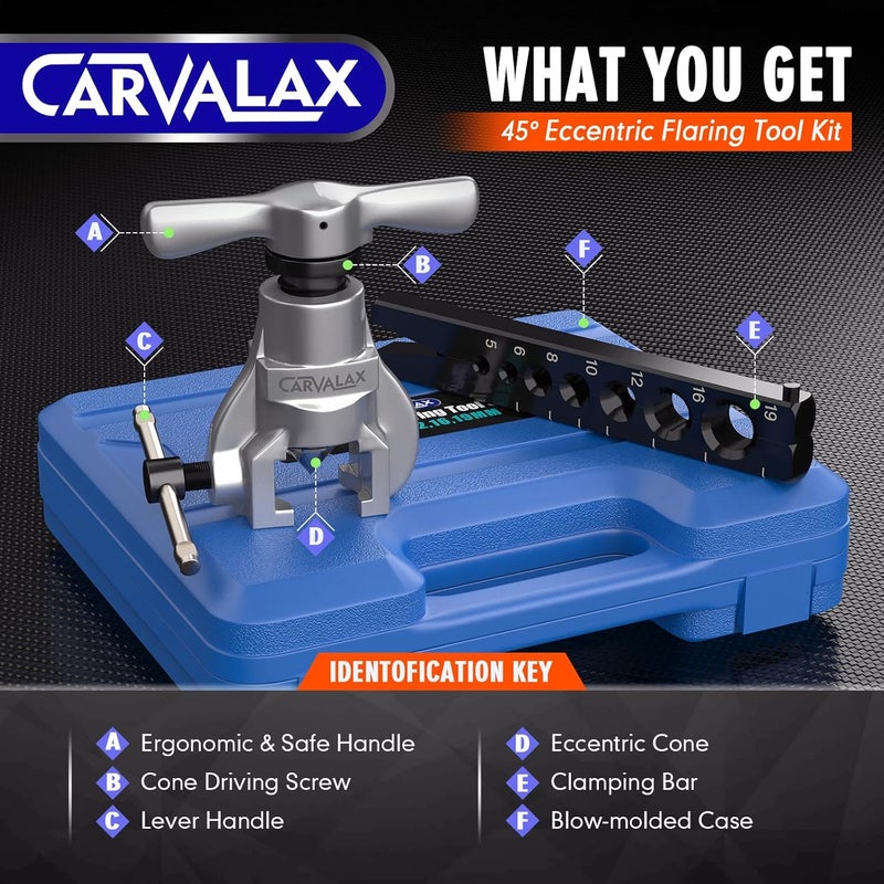 CARVALAX طقم أدوات تشكيل الفلير بزاوية 45° للنحاس، والبرونز، والألمنيوم، قضيب تشكيل فردي مع 7 قوالب (5 مم إلى 19 مم)، للاستخدام في أنظمة التكييف، والتبريد، وخطوط الفرامل، ثقيل الوزن مع حقيبة (مترية) - Image 3